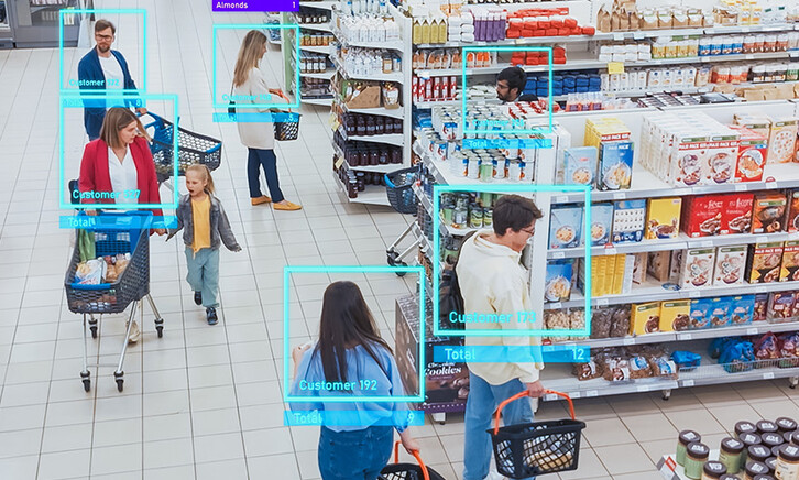 Cameras watching shoppers in a grocery store