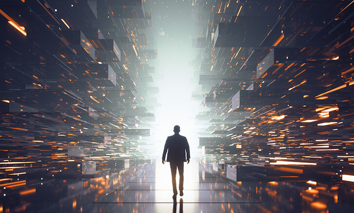 Person walking through data particles