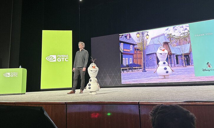 Moritz Bächer, lab director of Disney Research, with robot Olaf at NVIDIA GTC