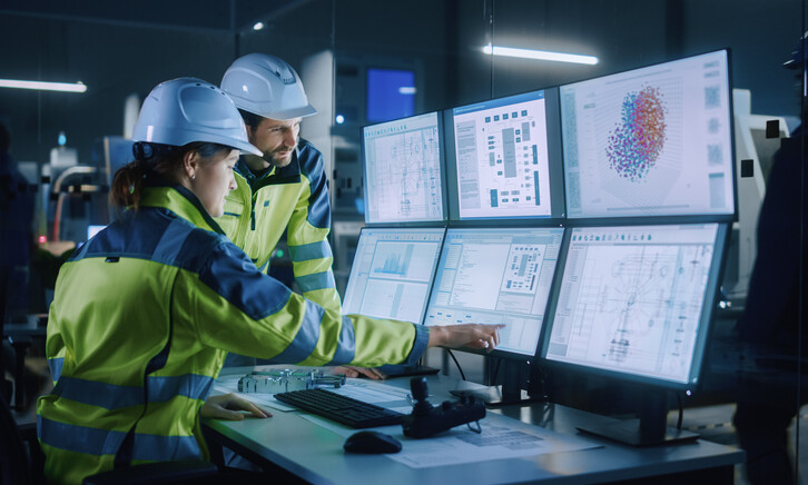 Two factory workers point to computer screens.