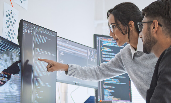 two people look at computer monitors