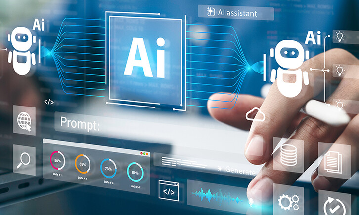 Man using a laptop and AI assistant dashboard