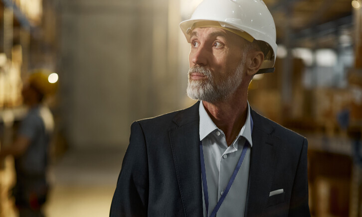 Man in hardhat looking in warehouse