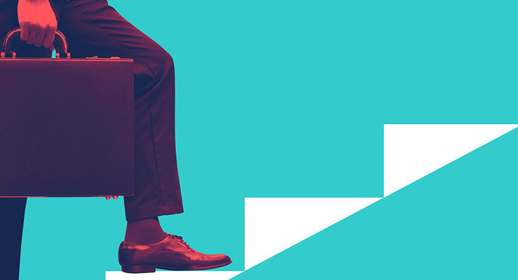 Businessperson holding briefcase walking on graphic stair