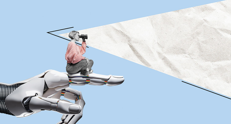 Collage of a robot hand with a human on one finger
