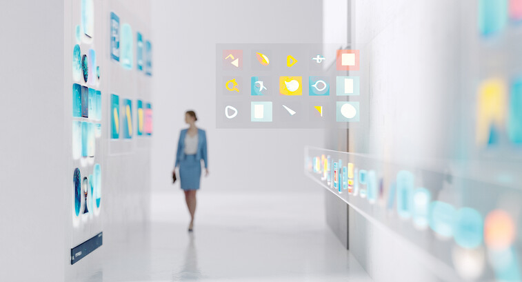 Abstract image of a woman walking in an office setting