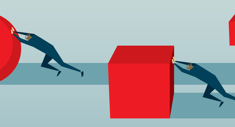 Abstract image of people pushing red squares and a circle.