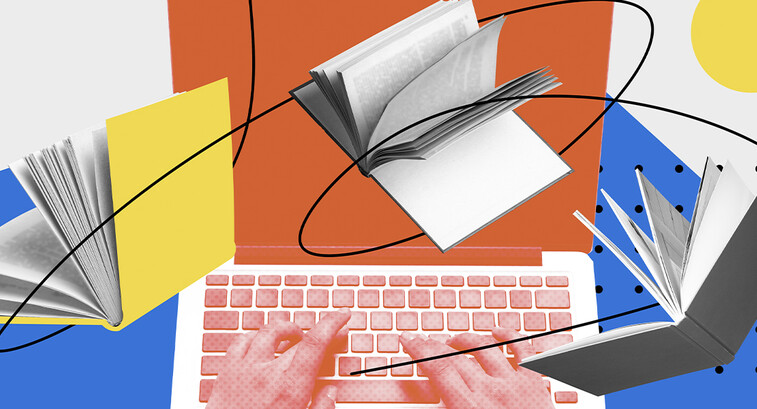 Illustration of person working on laptop with books overlaying image