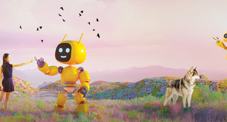 Colorful AI bots in a fairy tale background