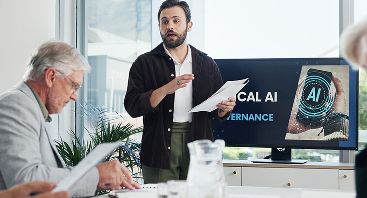 Group of people having AI governance discussion