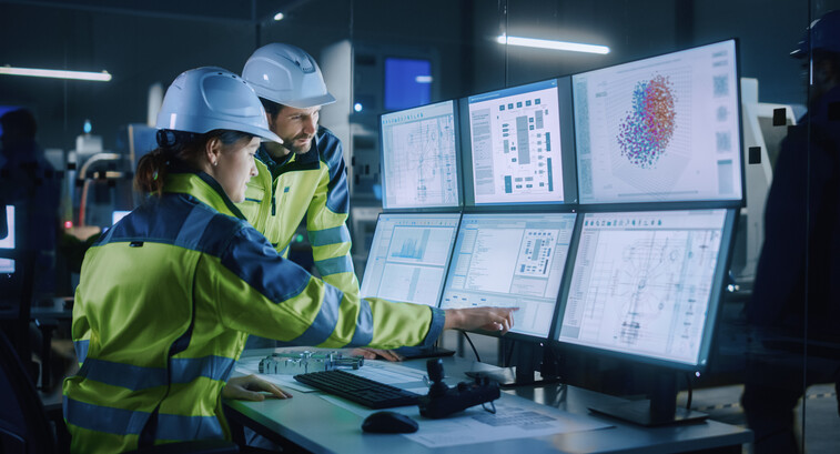 Two factory workers point to computer screens.