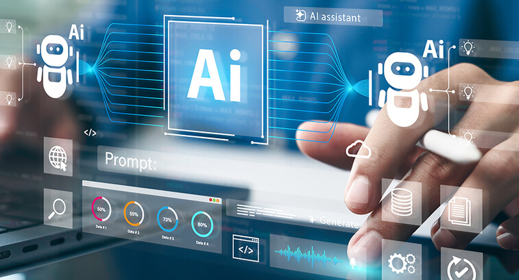 Man using a laptop and AI assistant dashboard
