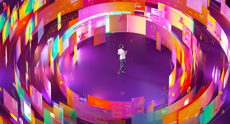 Person surrounded by screens