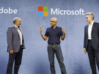 Shantanu Narayen, CEO, Adobe; Satya Nadella, CEO, Microsoft; and Bill McDermott CEO, SAP, at Microsoft Ignite 2018