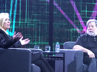 Splunk President of Worldwide Field Operations Susan St. Ledger talks with Steve Wozniak during Thursday's keynote session at Splunk .conf18.