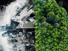 A globe covered in trees and a city