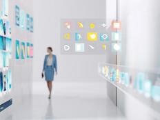 Abstract image of a woman walking in an office setting