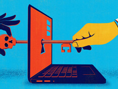 Abstract image of a computer with two hands reaching for one key