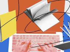 Illustration of person working on laptop with books overlaying image