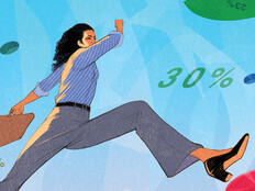 Illustration of a woman walking in an abstract sky full of data and numbers