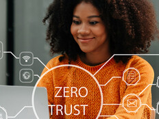 Person using computer and tablet with zero trust icon
