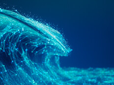 Visualization of an ocean wave created with glowing network nodes and lines on a deep blue background