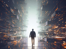 Person walking through data particles