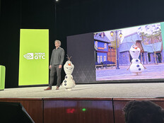 Moritz Bächer, lab director of Disney Research, with robot Olaf at NVIDIA GTC