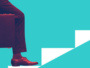 Businessperson holding briefcase walking on graphic stair