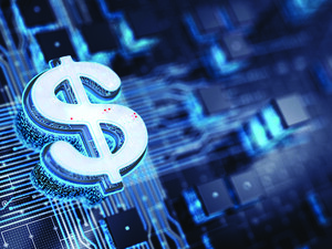 Digital dollar sign against tech backdrop