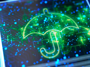 Umbrella on abstract technological background