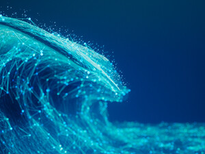 Visualization of an ocean wave created with glowing network nodes and lines on a deep blue background
