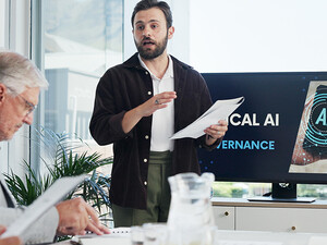 Group of people having AI governance discussion