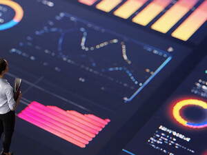 People standing on digital screen