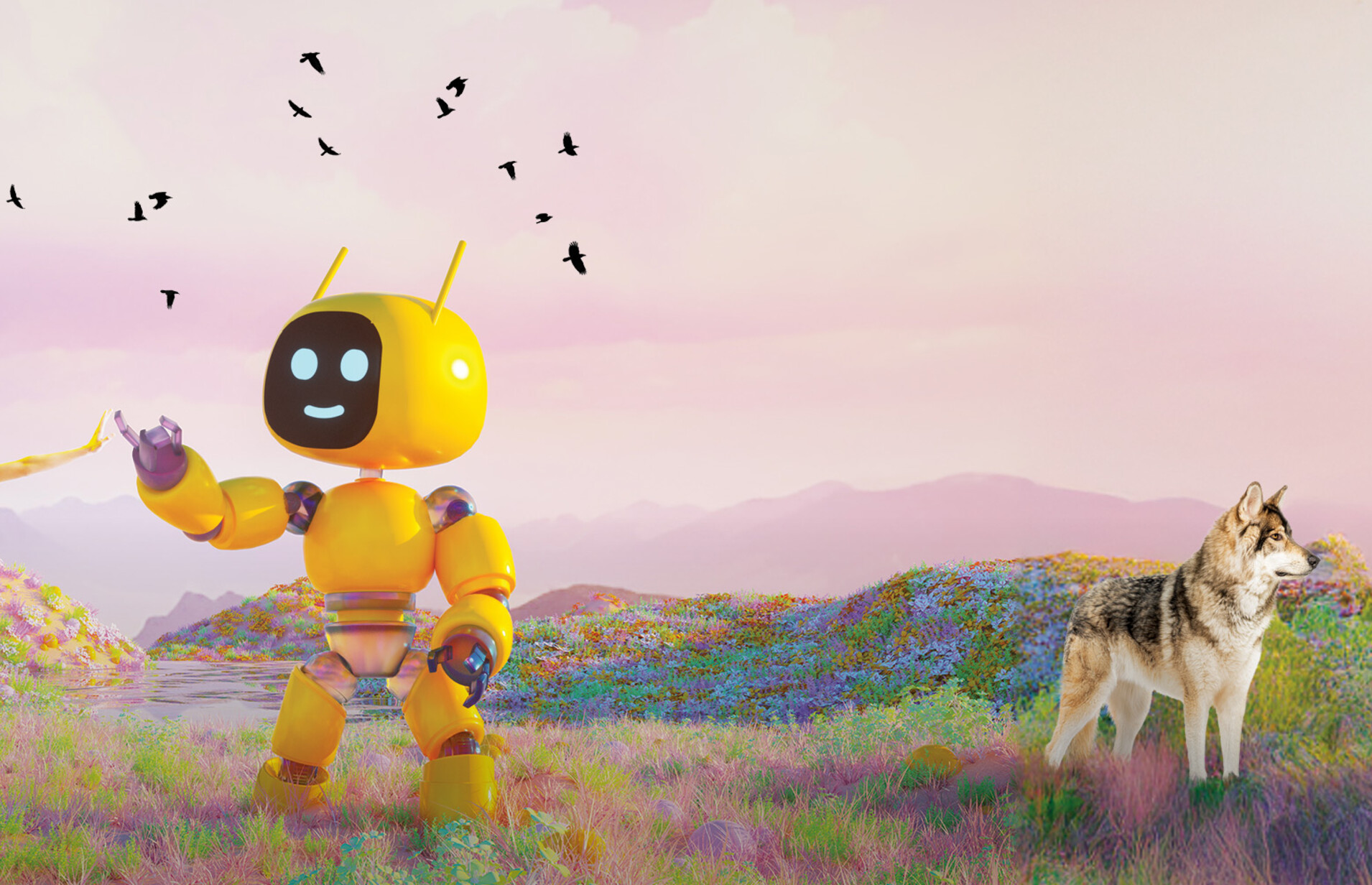 Colorful AI bots in a fairy tale background