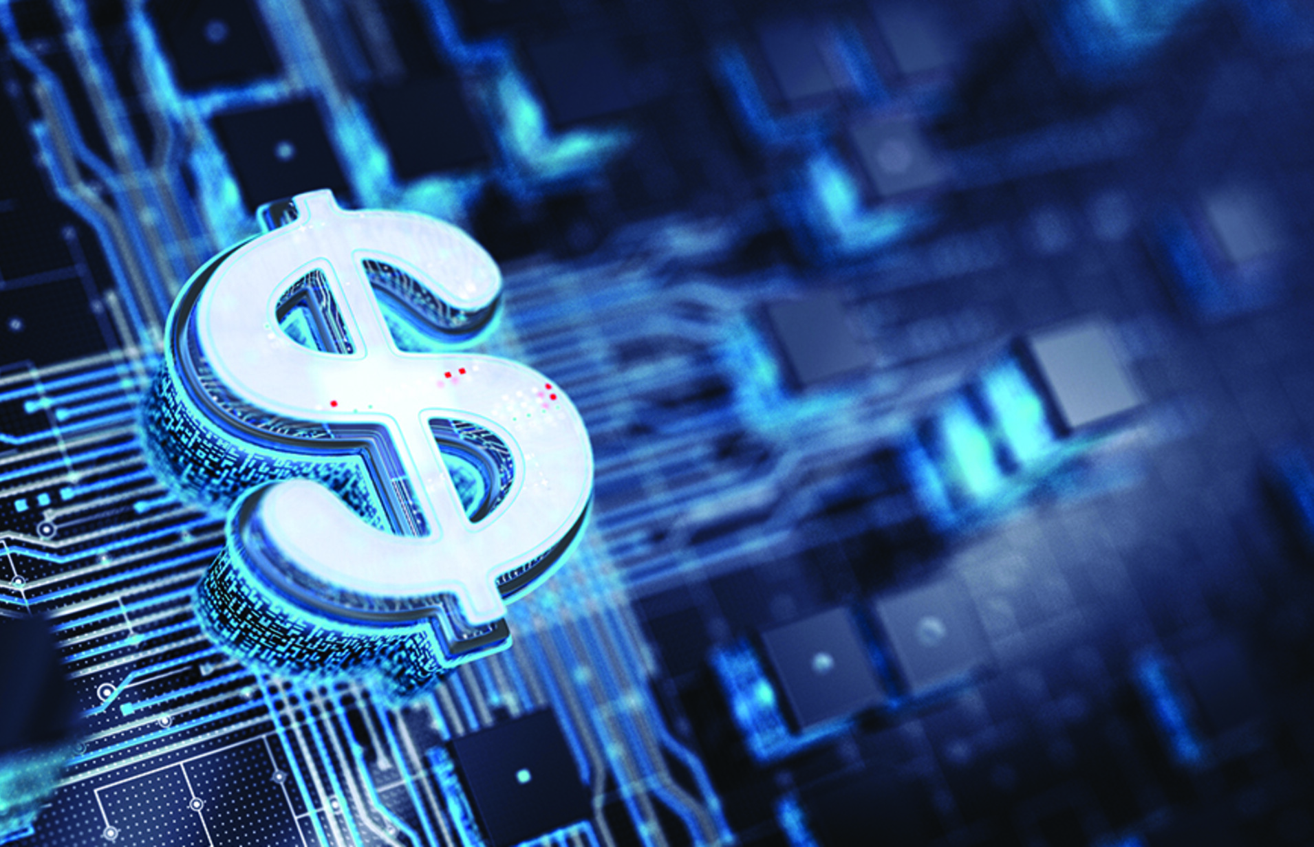 Digital dollar sign against tech backdrop
