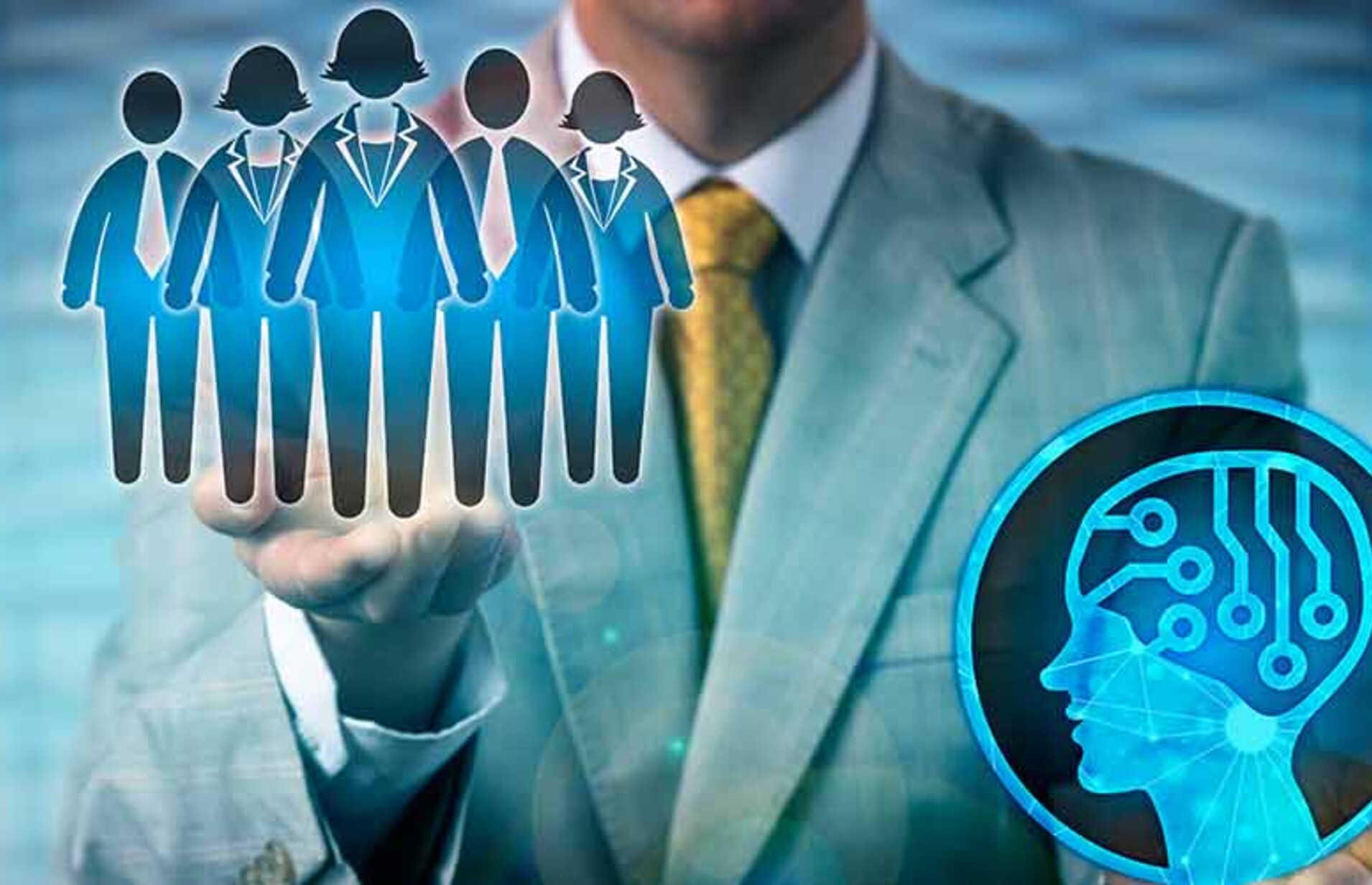 Manager lifting an illustration of people over AI