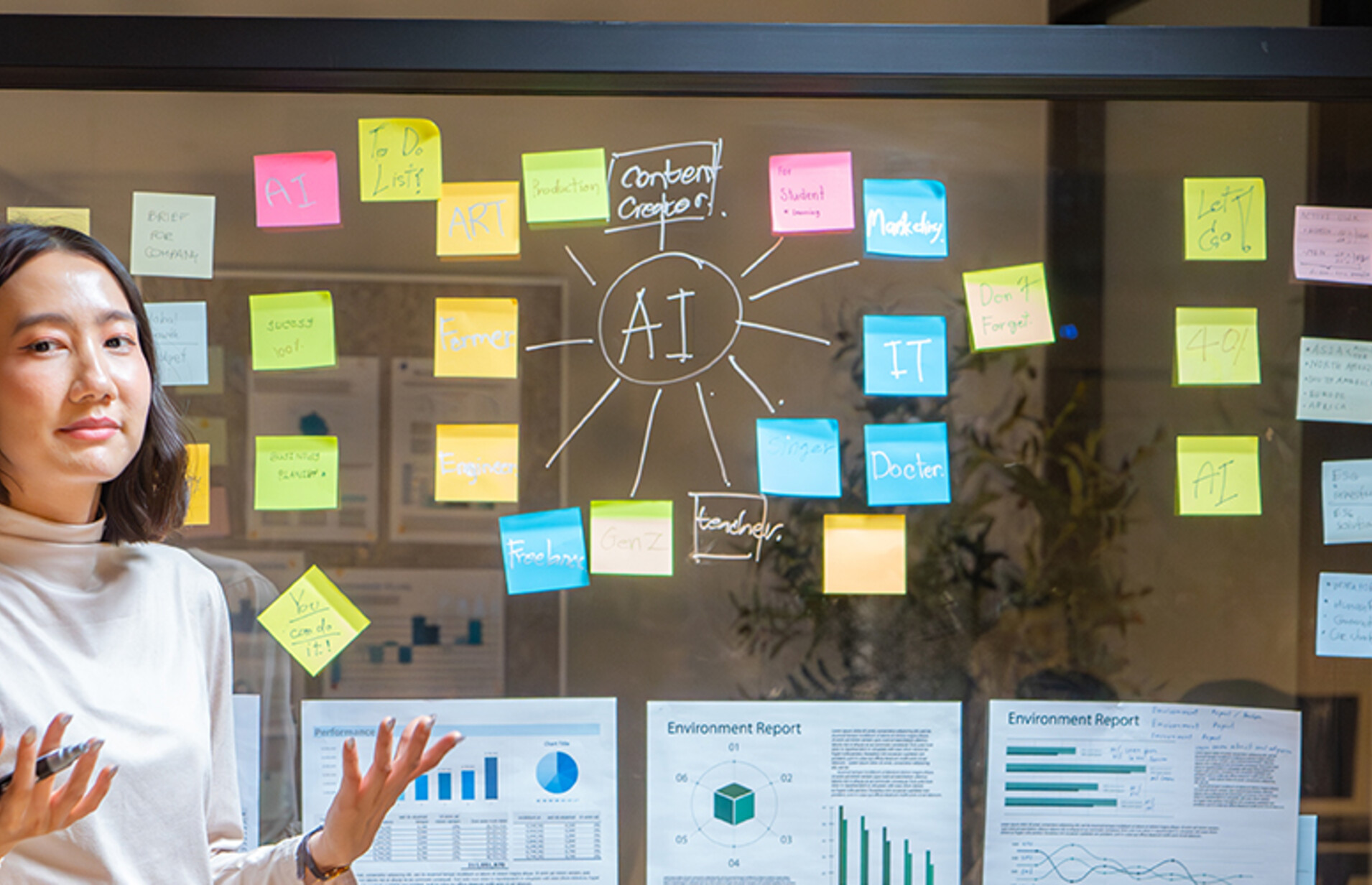 Biz Woman talking at a board with AI & charts