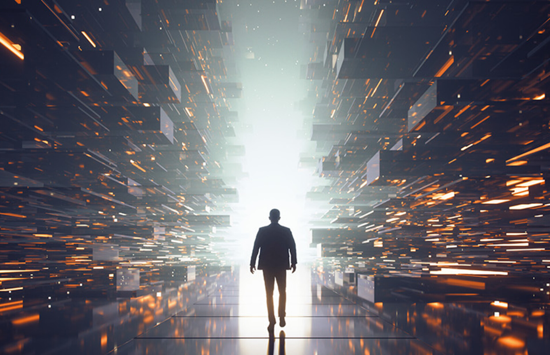 Person walking through data particles