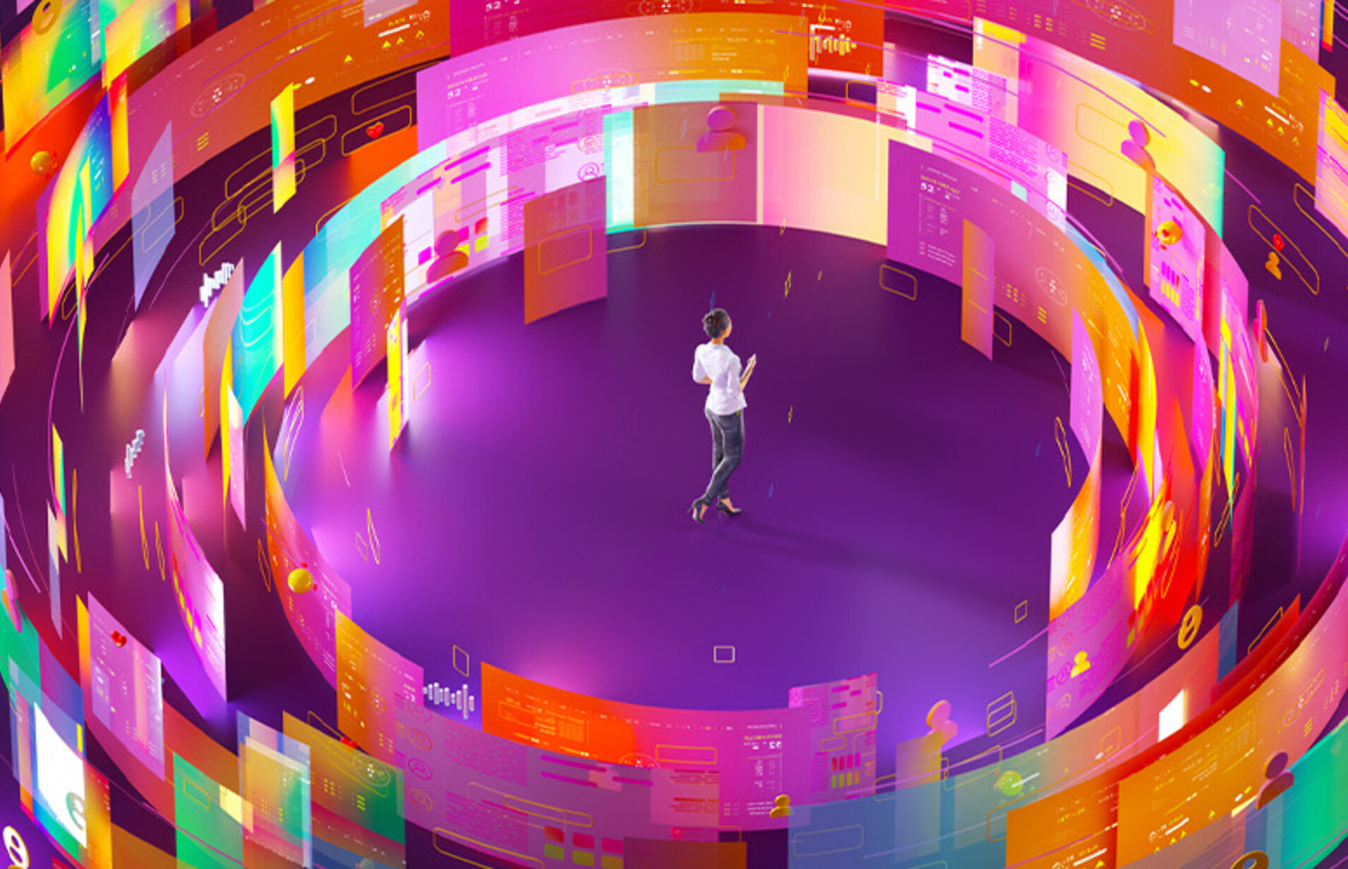 Person surrounded by screens