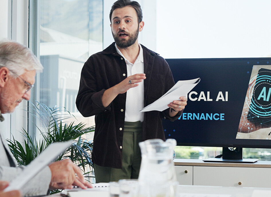 Group of people having AI governance discussion