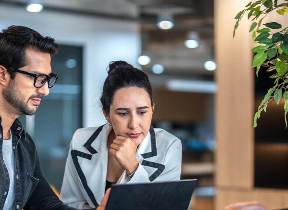 Coworkers reviewing computer