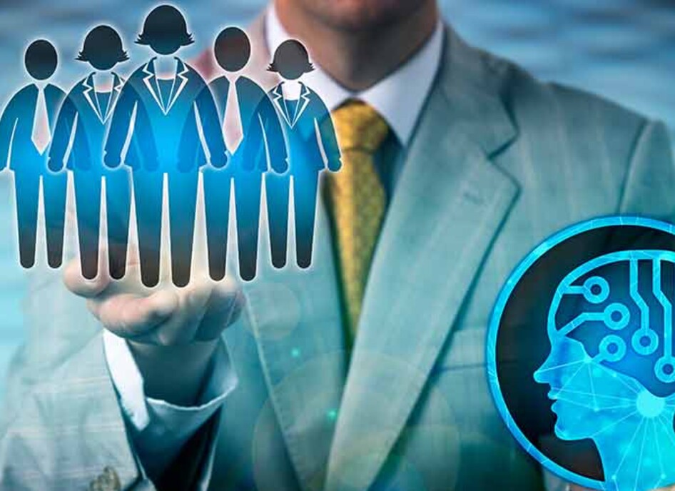 Manager lifting an illustration of people over AI