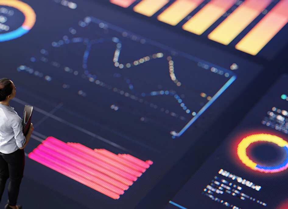 People standing on digital screen