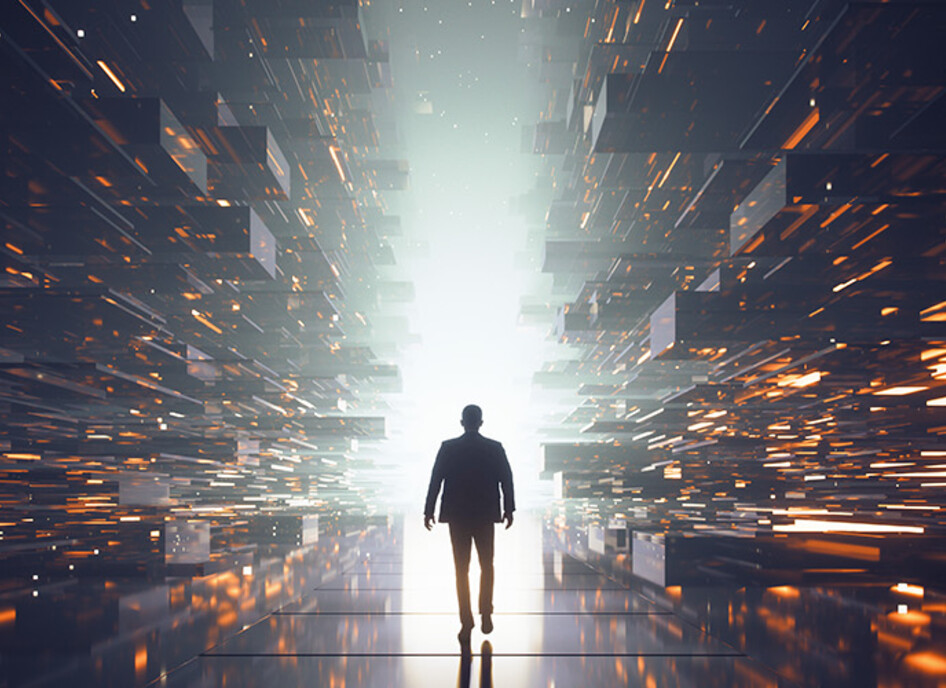 Person walking through data particles