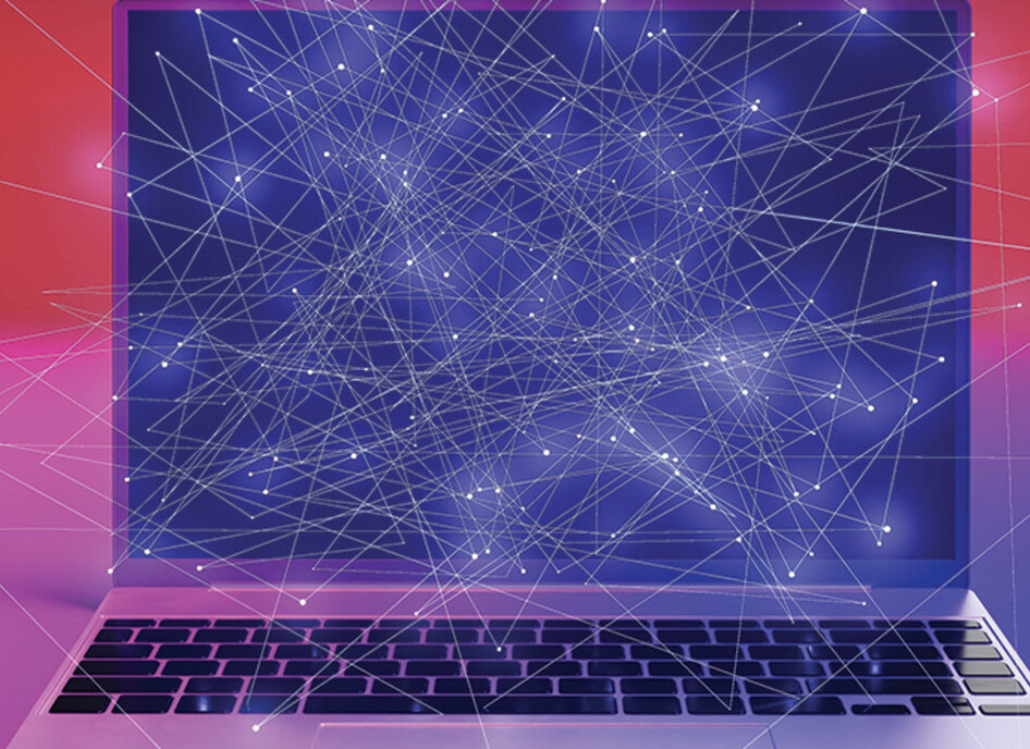 laptop with abstract networking connection points