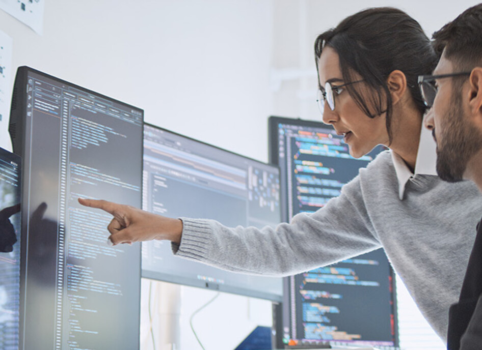 two people look at computer monitors