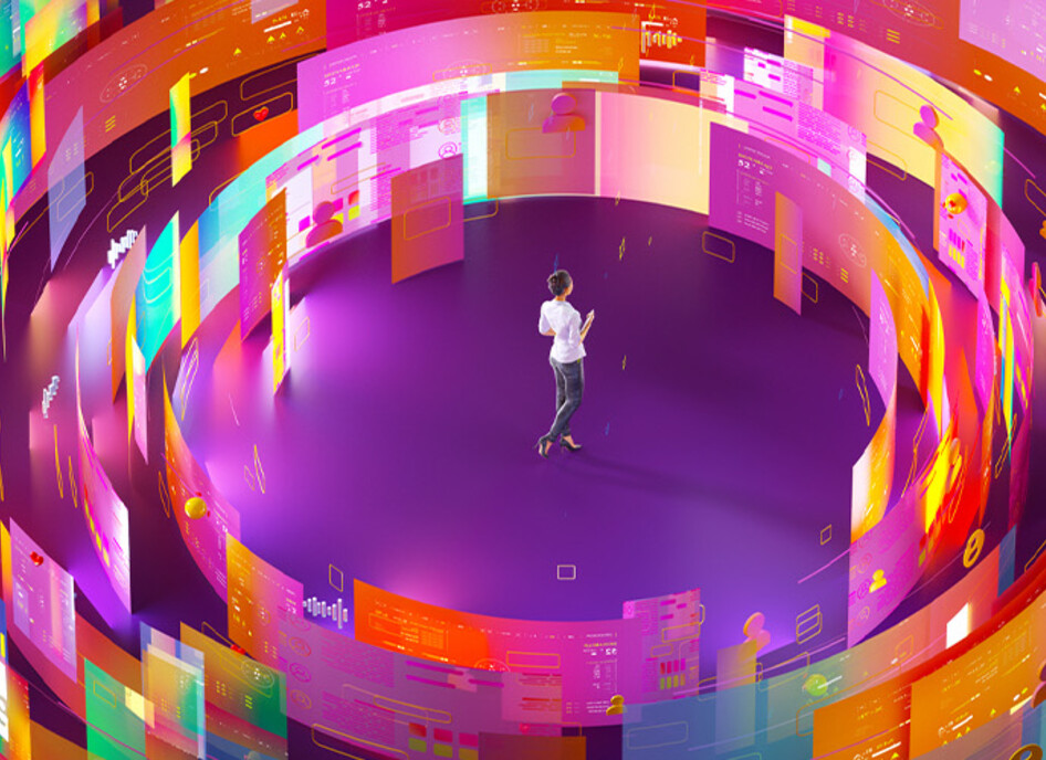 Person surrounded by screens