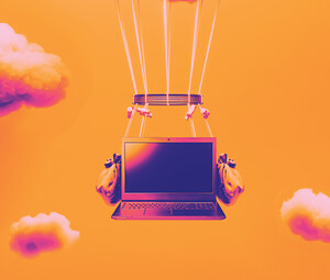 Abstract image of networking with a laptop in the clouds