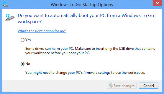 Window to Go Startup options